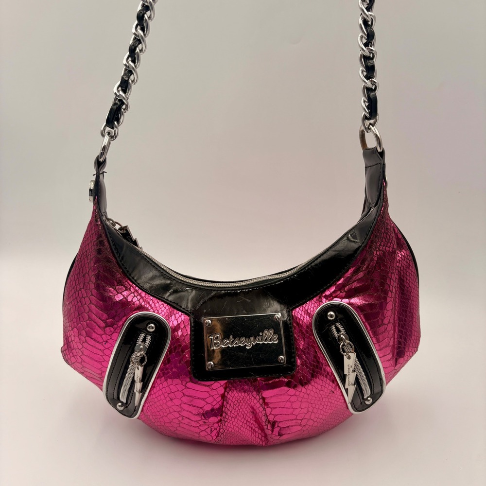 Betseyville Metallic Pink Snakeskin Hobo Bag Black Patent Trim Y2K McBling